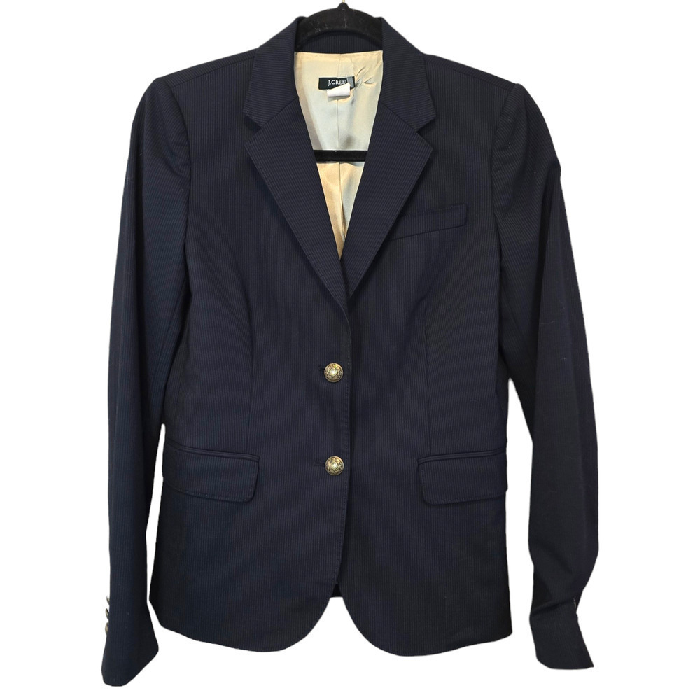 J.Crew Navy Pinstripe Wool Blend Two Pattern Gold Button Blazer Coat Jacket 4